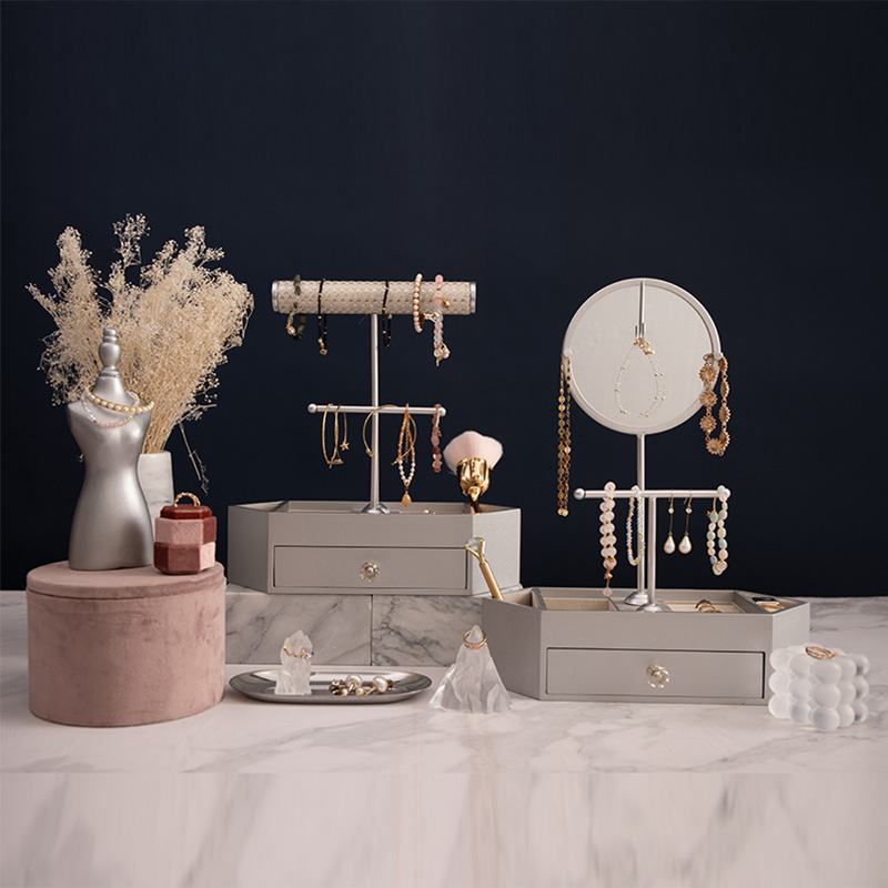 Organizzatore di gioielli a forma di T Organizzatore cosmetico da tavolo in legno con specchio rotondo