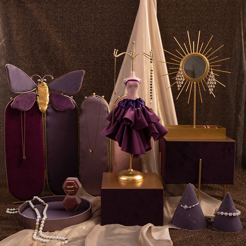 Nuovo design moda viola gioielli manichino organizzatore set gioielli espositore set per collana orecchino braccialetto