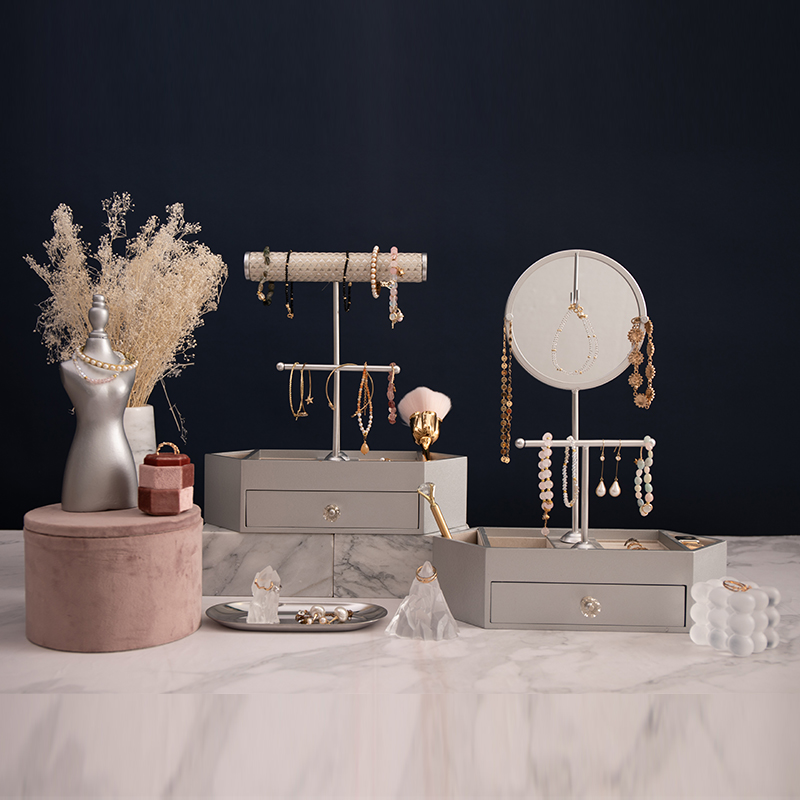 Organizzatore di gioielli a forma di T Organizzatore cosmetico da tavolo in legno con specchio rotondo